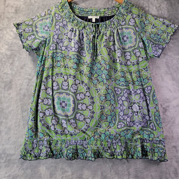 Croft & Barrow Womens XL Paisley Smocked Peasant Top Green Blue Ruffle Hem Boho - Picture 1 of 11
